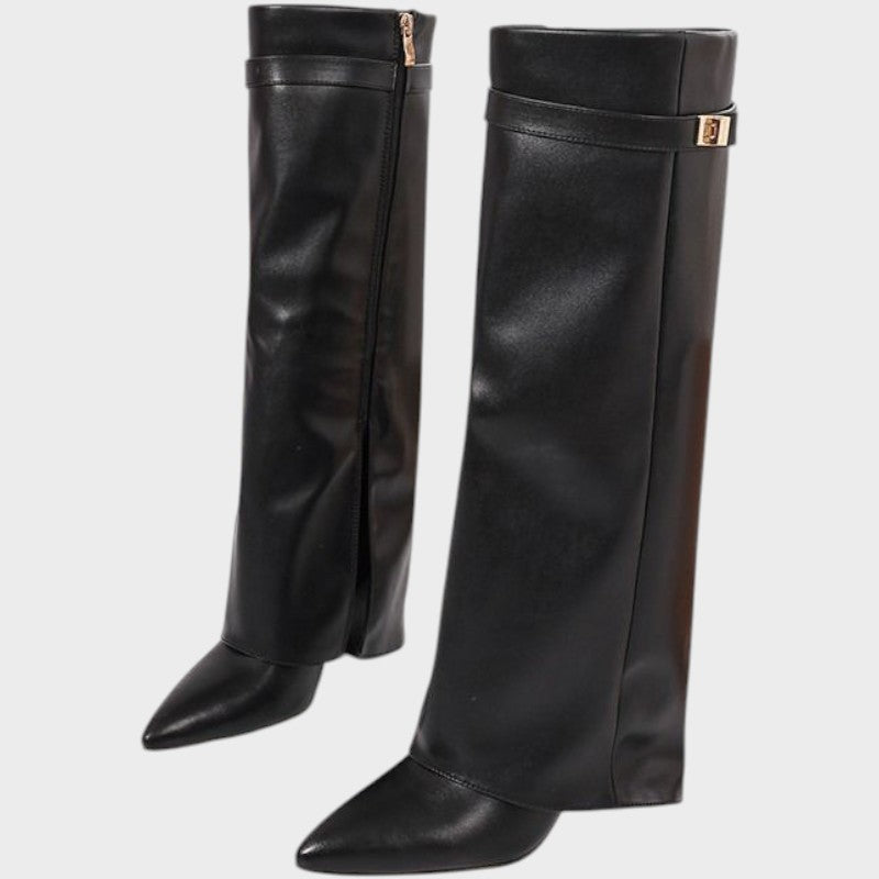 Front view of fold-over shaft boots with side zip and pointed toes