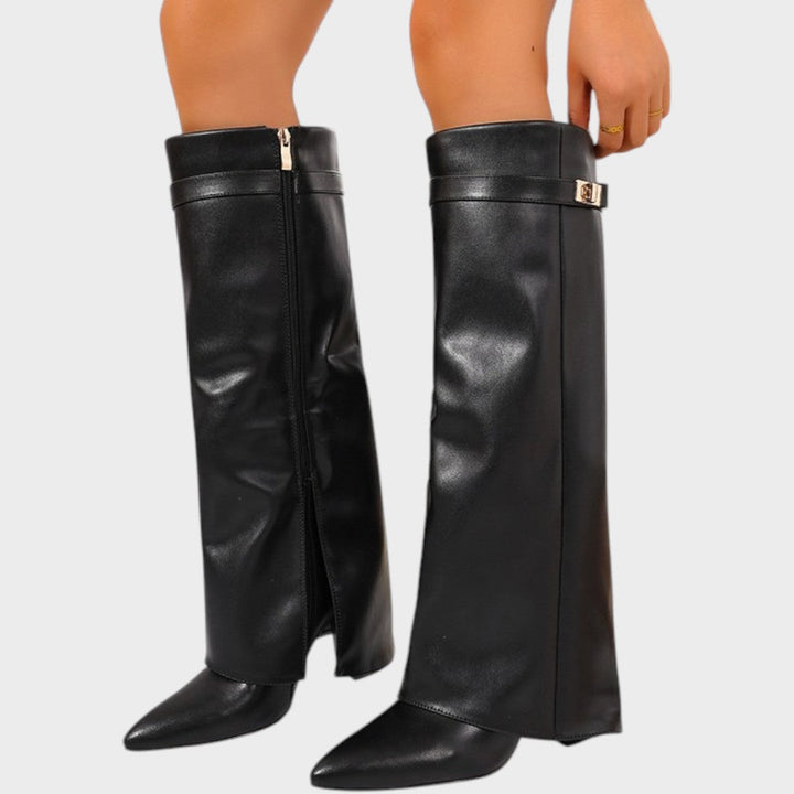 Front view of fold-over shaft boots with side zip, twist-lock closures and pointed toes
