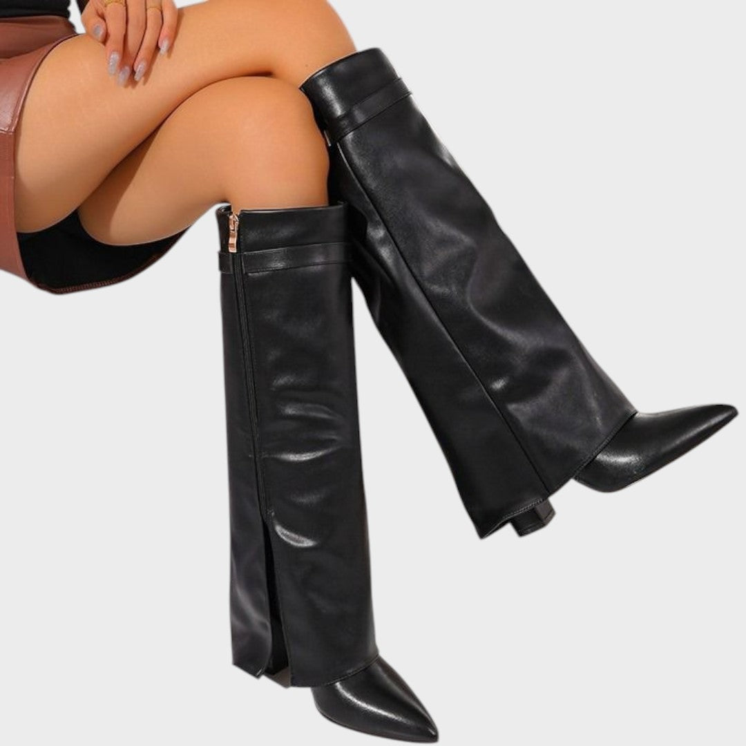 Front view of fold-over shaft boots with side zip and pointed toes