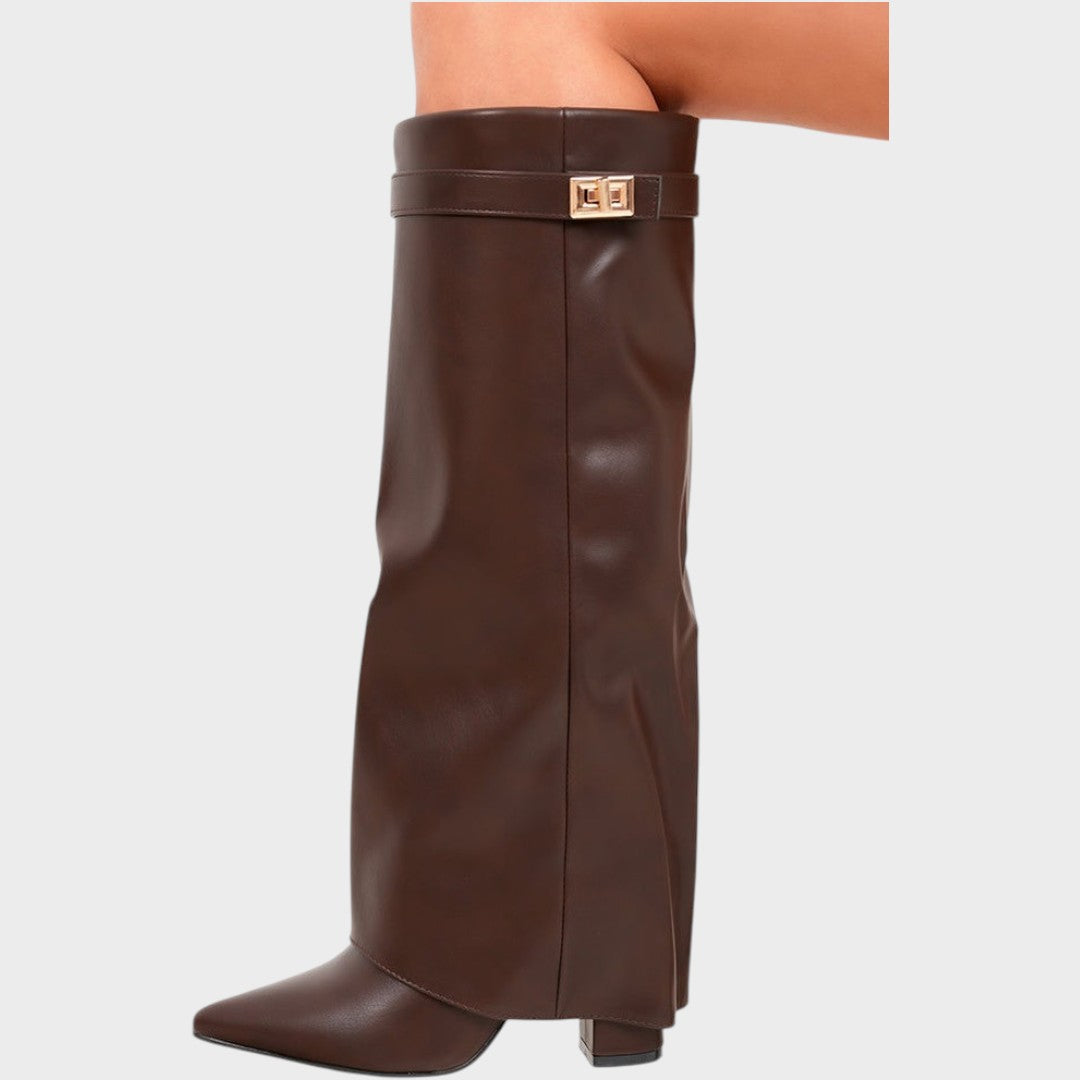 Front view of fold-over shaft boot with twist-lock strap and wedge heel
