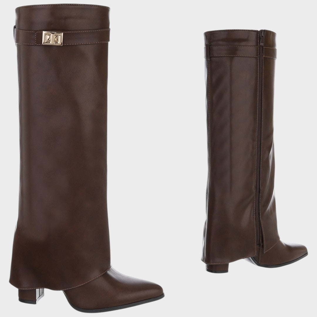 Front view of fold-over shaft boot with twist-lock closure, side zip and pointed toe