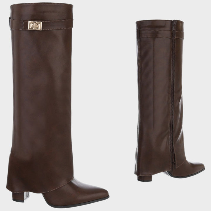 Front view of fold-over shaft boot with twist-lock closure, side zip and pointed toe