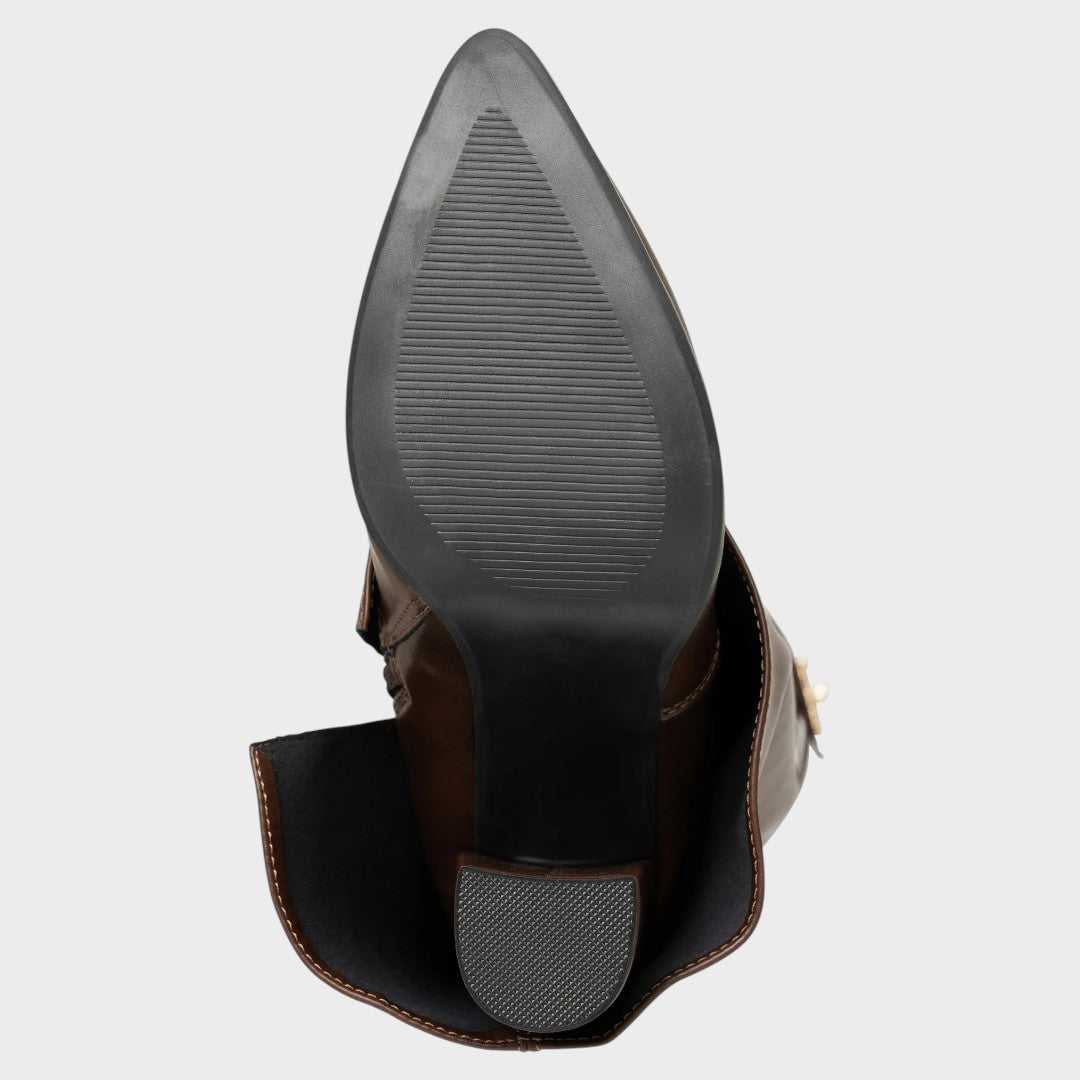 Detail view of textured sole and pointed toe