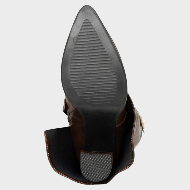 Detail view of textured sole and pointed toe