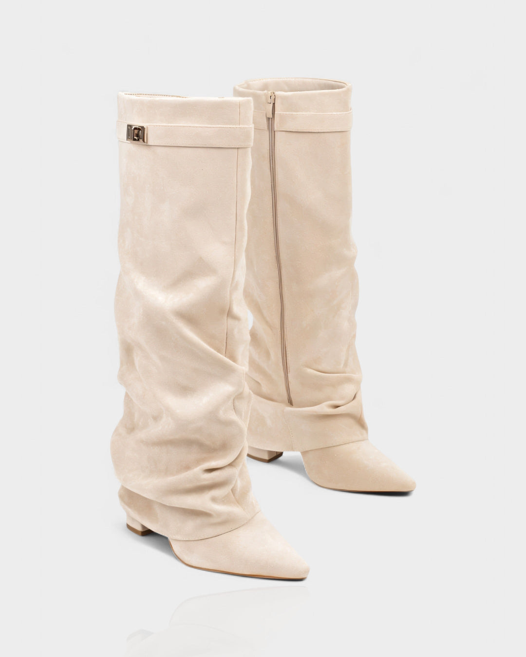 Front view of side zip, foldover shaft and pointed toe