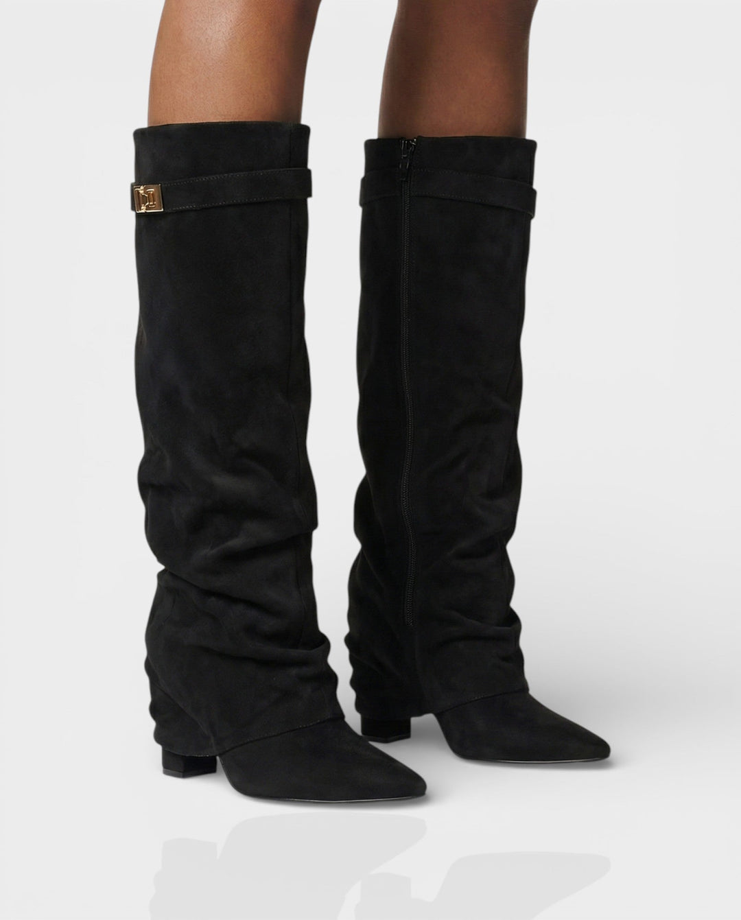Front view of foldover shaft, turn-lock strap, pointed toe and block heel, black