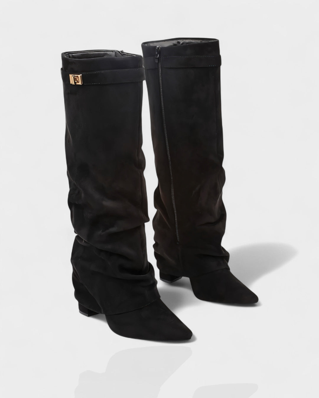 Front view of side zip, foldover shaft and pointed toe