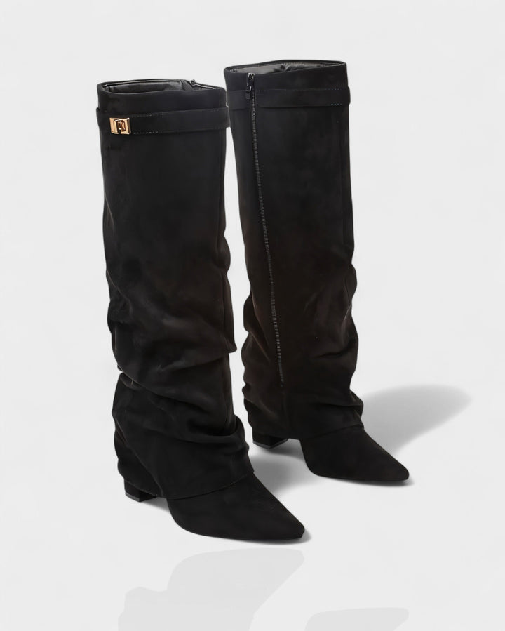 Front view of side zip, foldover shaft and pointed toe