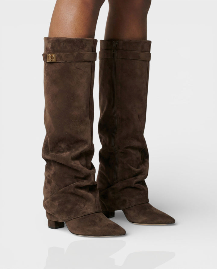 Front view of foldover shaft, turn-lock strap, pointed toe and block heel, brown