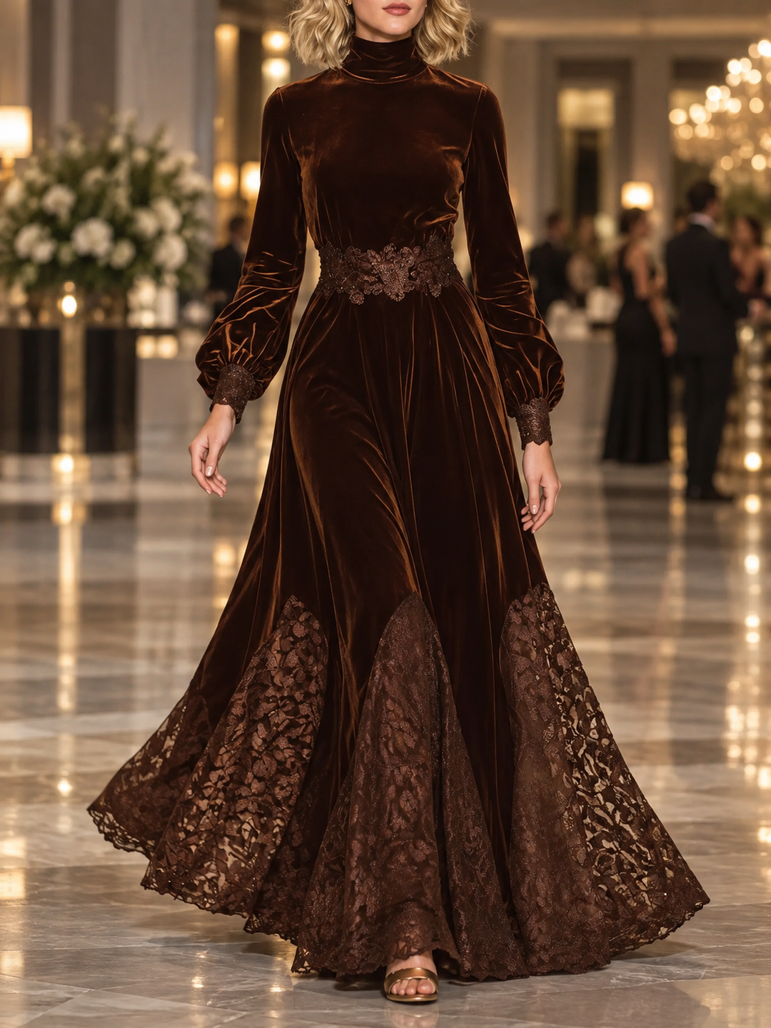 Women’s High-Neck Balloon-Sleeve Maxi Dress with Floral Openwork Detail and Back Zipper Closure
