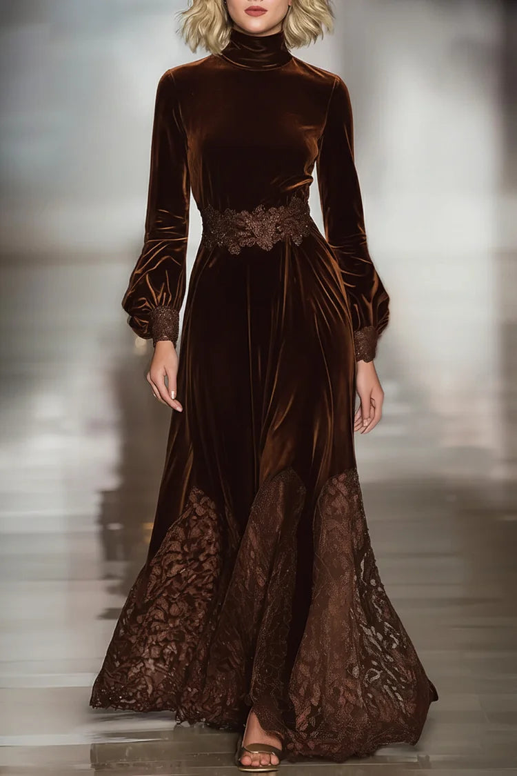 Women’s High-Neck Balloon-Sleeve Maxi Dress with Floral Openwork Detail and Back Zipper Closure
