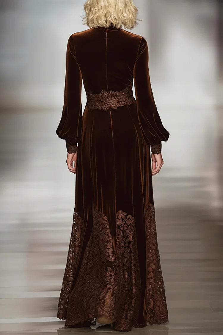 Women’s High-Neck Balloon-Sleeve Maxi Dress with Floral Openwork Detail and Back Zipper Closure