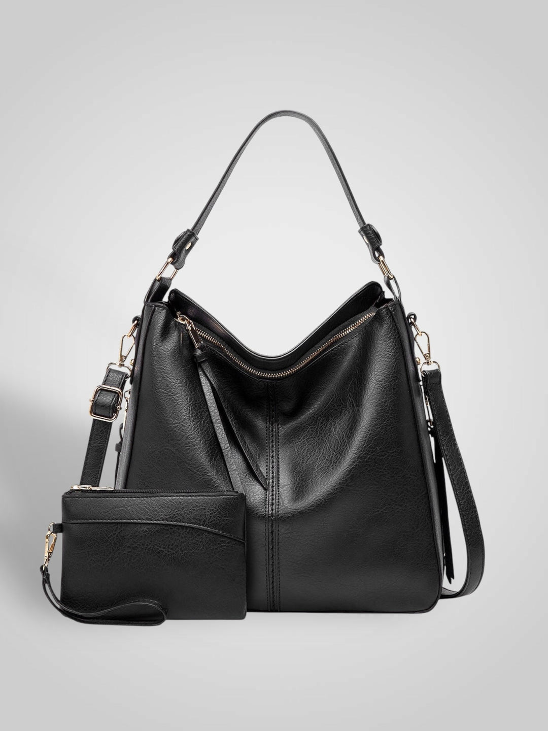 Front view showing top handle, crossbody strap, top zip closure and matching pouch, black