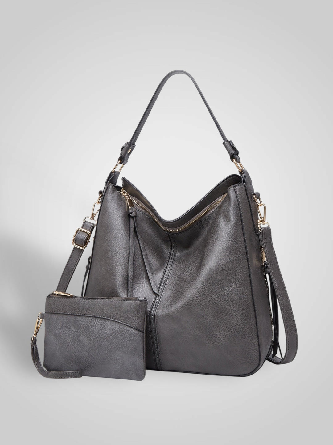 Front view showing top handle, crossbody strap, top zip closure and matching pouch, grey