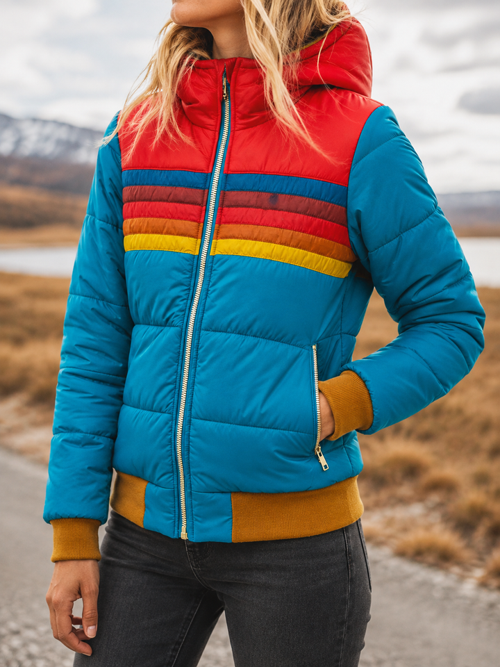 Women’s Hooded Bomber-Style Puffer Jacket with Zip Front and Side Pockets