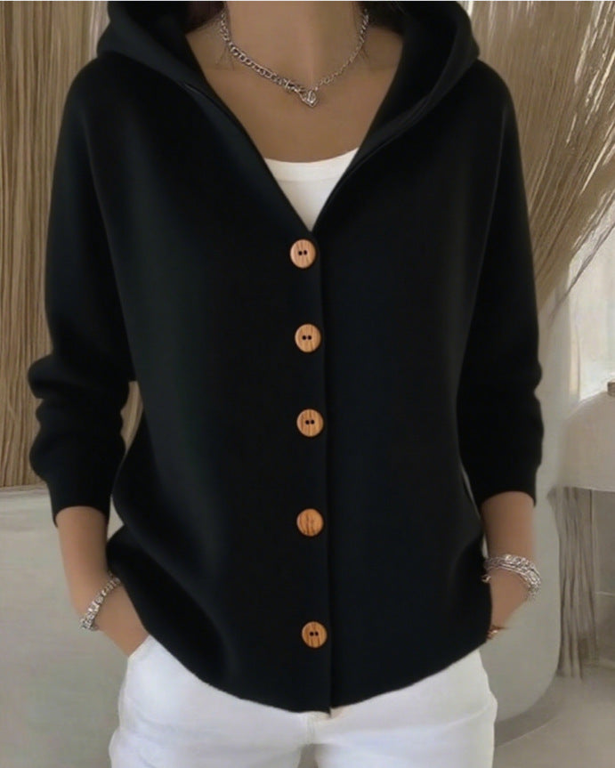 Women’s Hooded Cardigan with Button Front and Long Sleeves