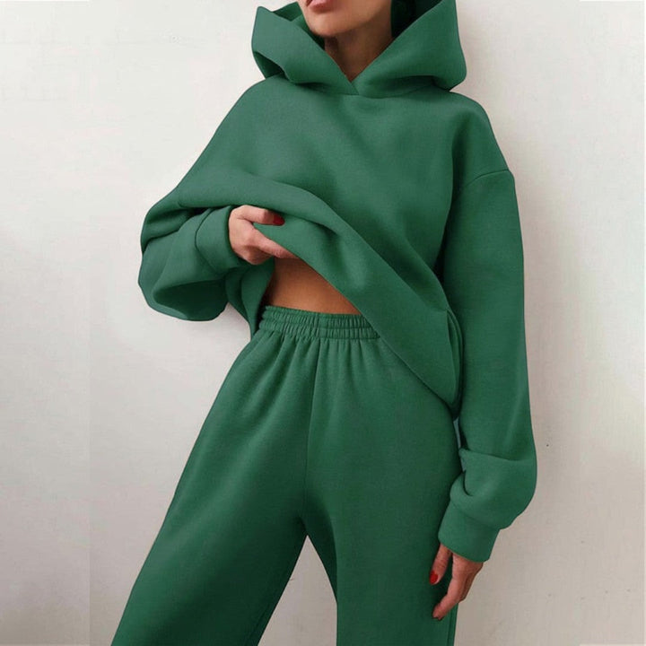Front view showing hood, long sleeves and banded cuffs