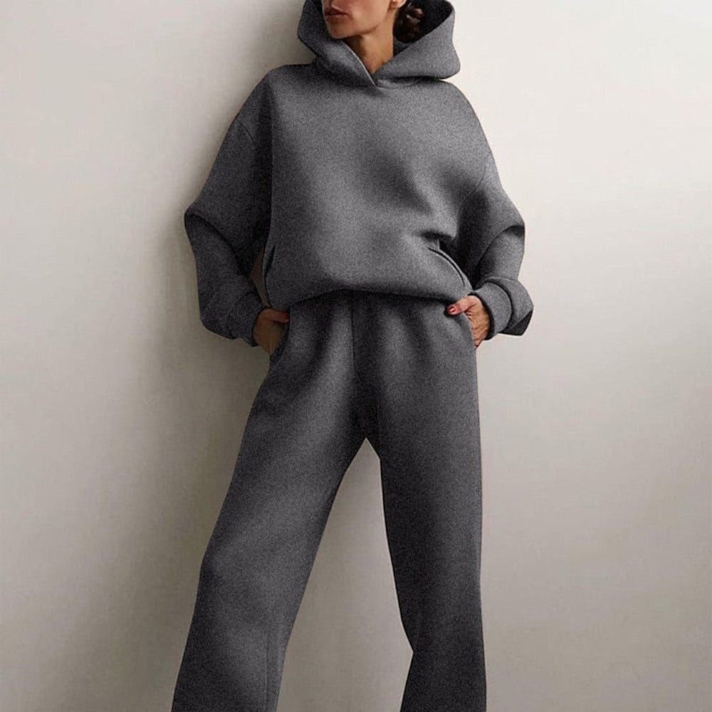 Front view showing hood, side pockets and straight legs