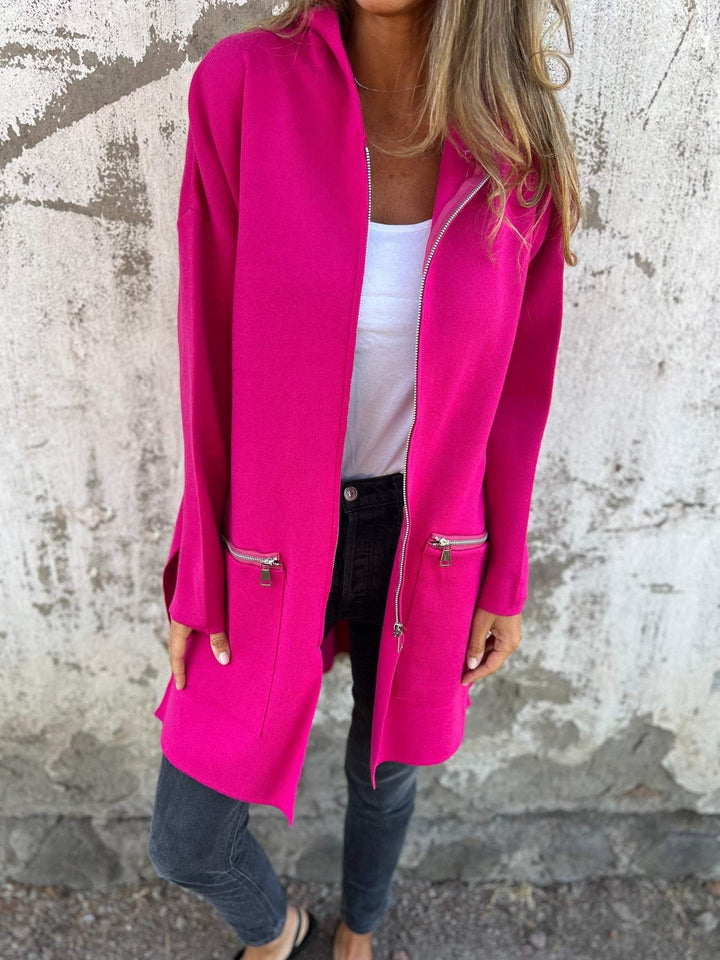 Women’s Hooded Zip-Front Cardigan with Front Zip Pockets and Side Slit Openings