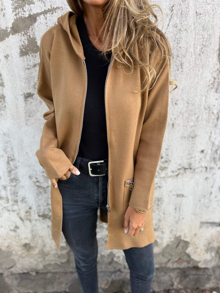 Women’s Hooded Zip-Front Cardigan with Front Zip Pockets and Side Slit Openings