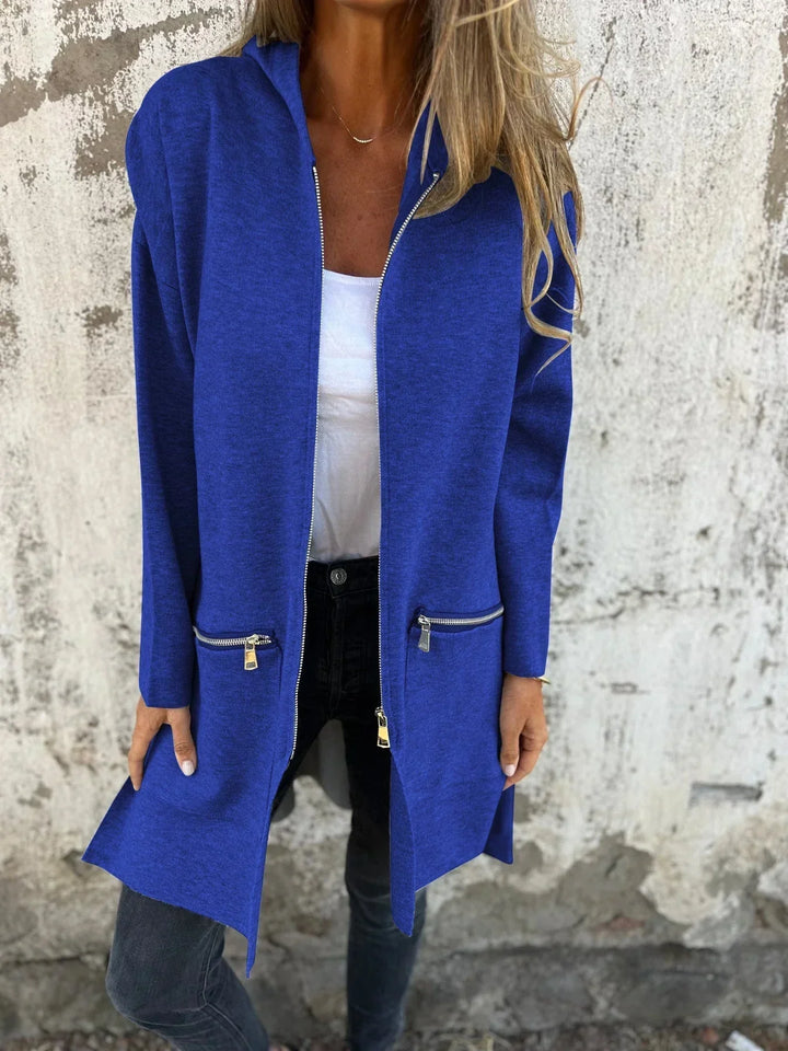 Women’s Hooded Zip-Front Cardigan with Front Zip Pockets and Side Slit Openings