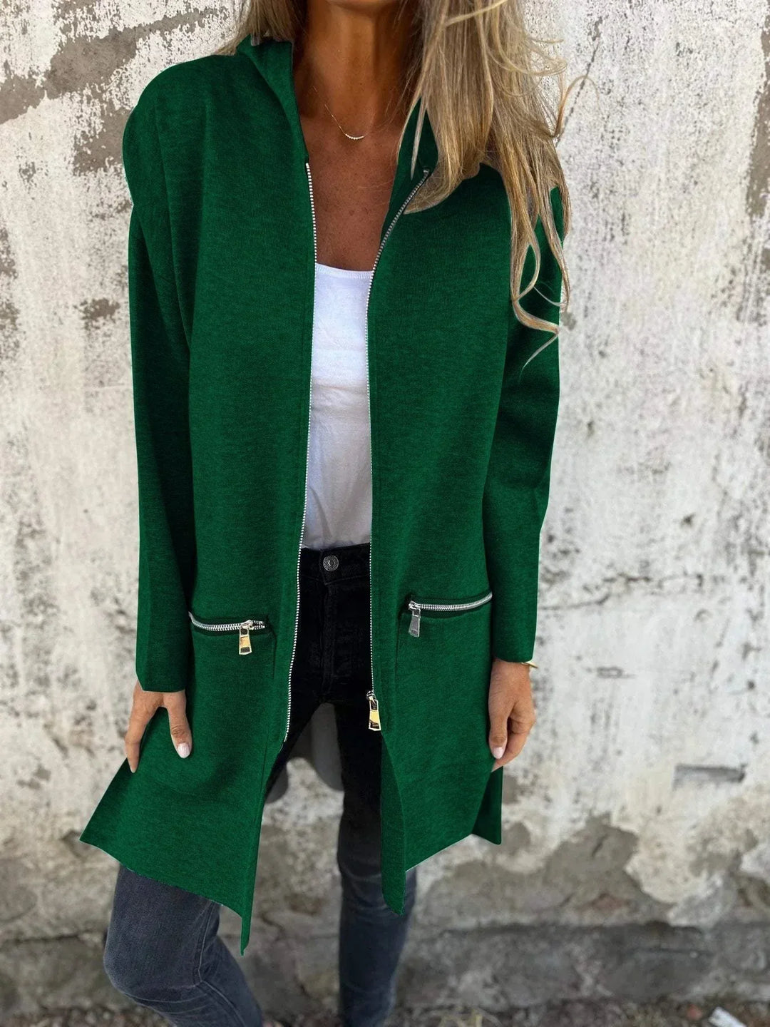 Women’s Hooded Zip-Front Cardigan with Front Zip Pockets and Side Slit Openings
