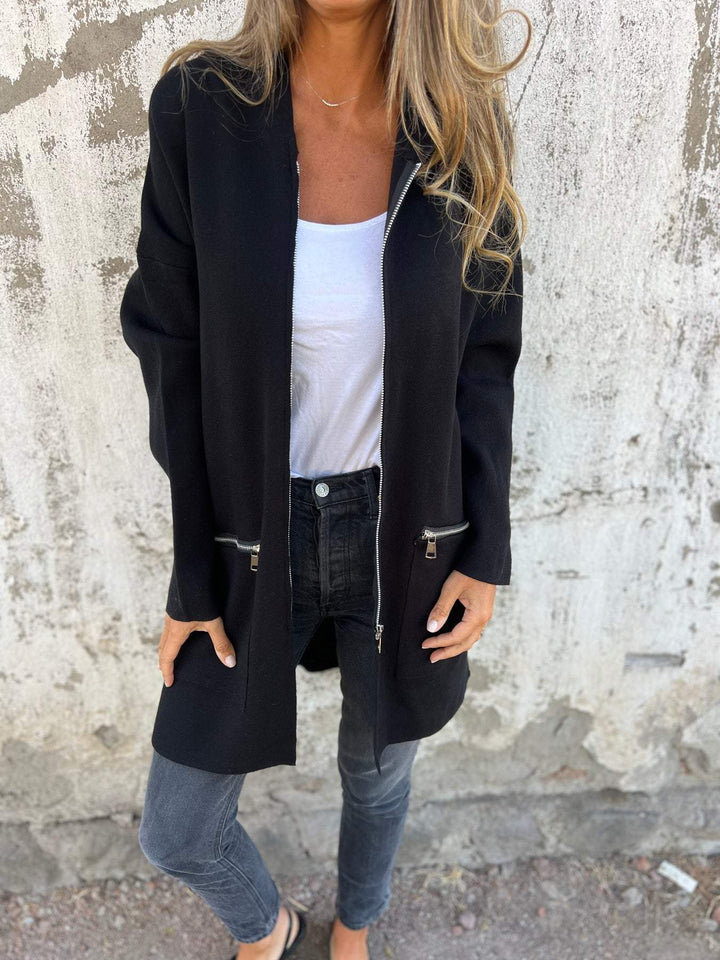 Women’s Hooded Zip-Front Cardigan with Front Zip Pockets and Side Slit Openings