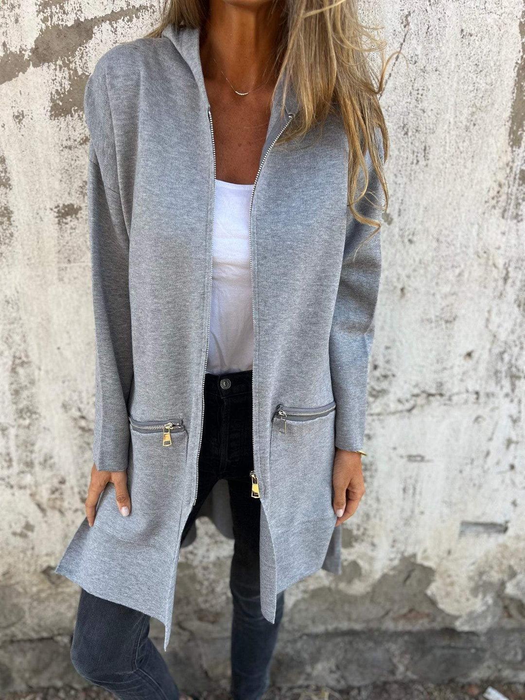 Women’s Hooded Zip-Front Cardigan with Front Zip Pockets and Side Slit Openings