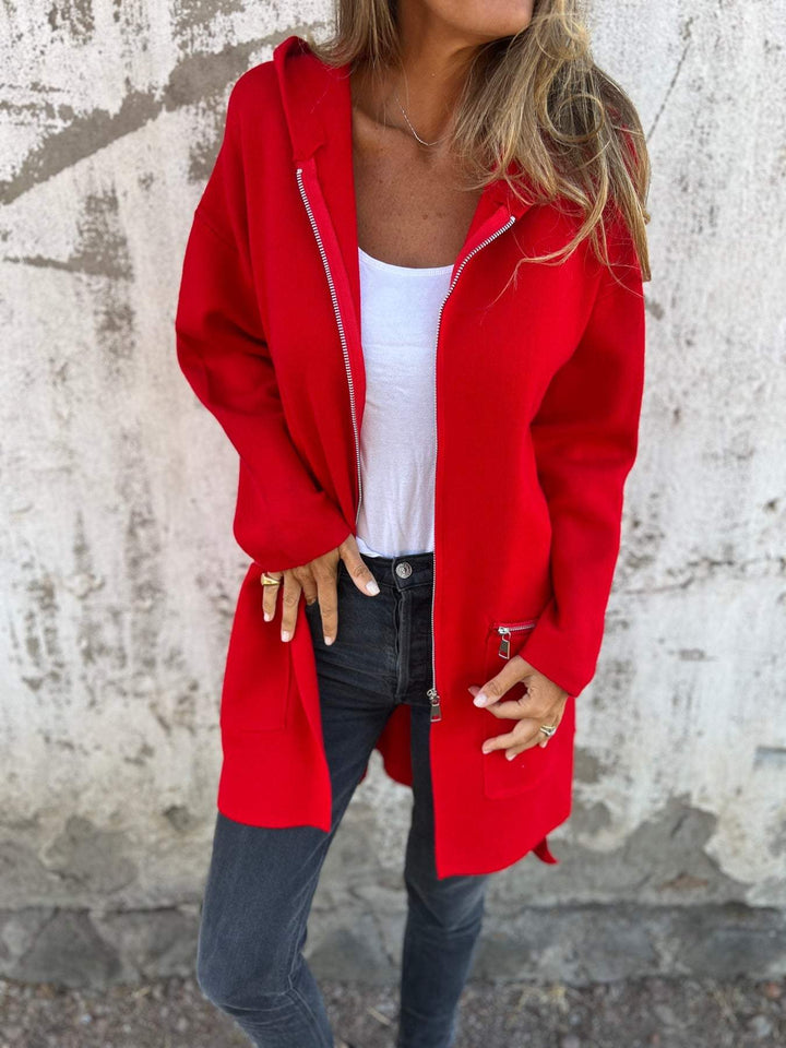 Women’s Hooded Zip-Front Cardigan with Front Zip Pockets and Side Slit Openings