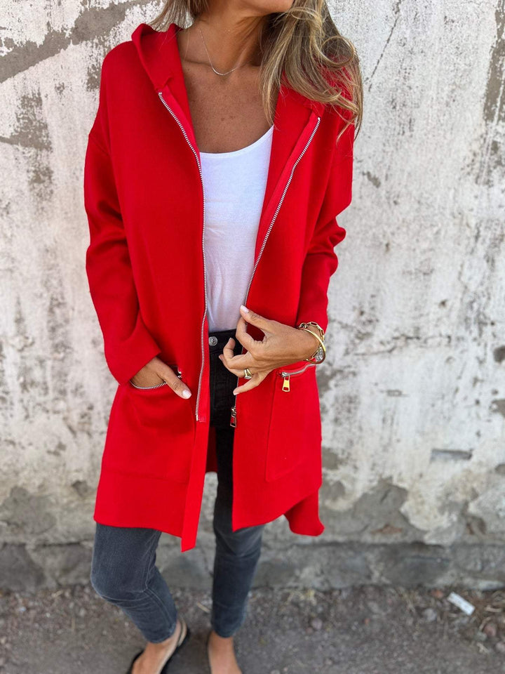 Women’s Hooded Zip-Front Cardigan with Front Zip Pockets and Side Slit Openings