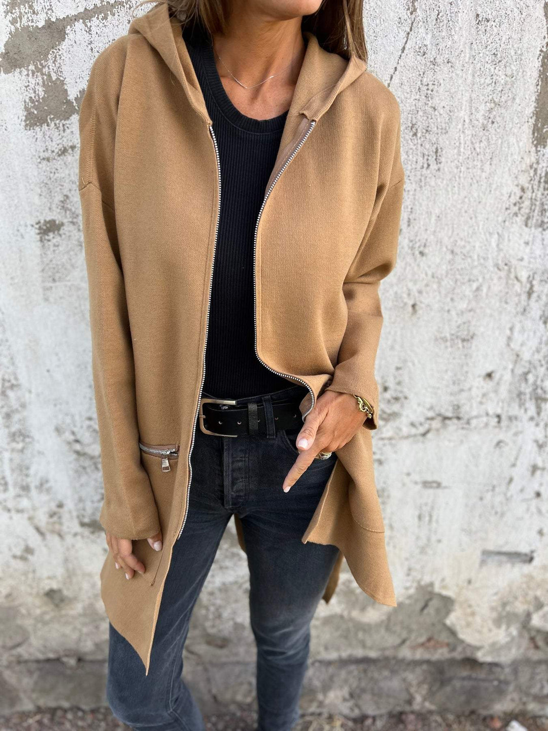 Women’s Hooded Zip-Front Cardigan with Front Zip Pockets and Side Slit Openings