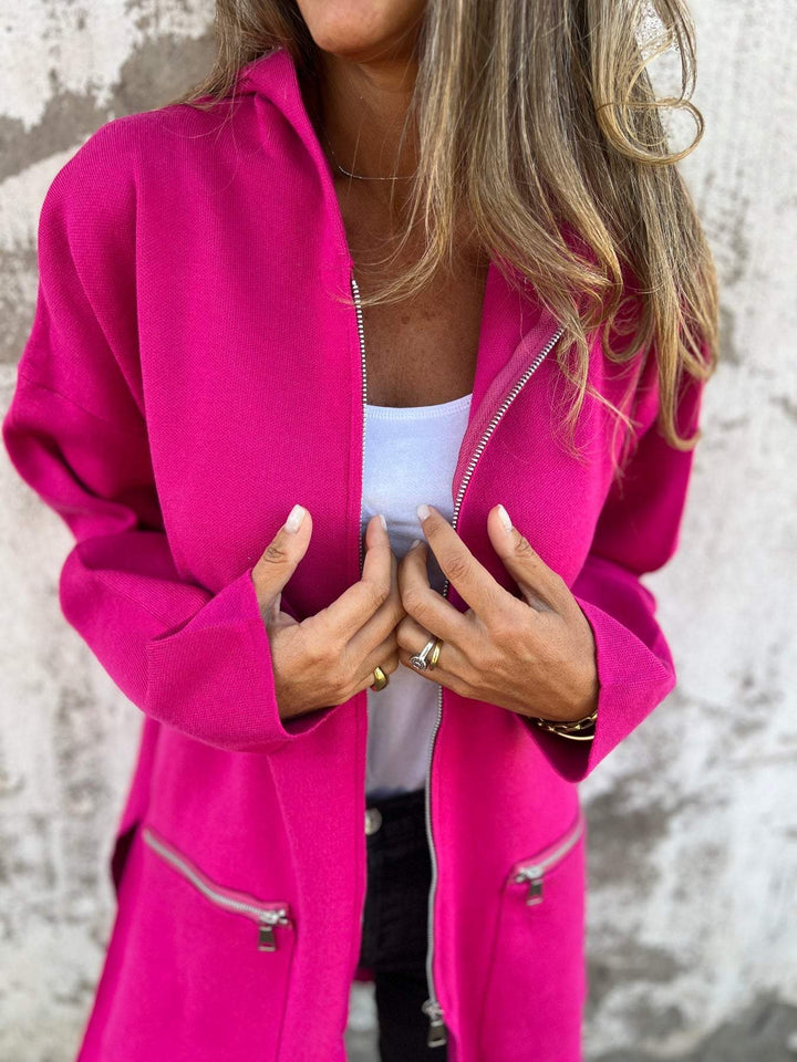 Women’s Hooded Zip-Front Cardigan with Front Zip Pockets and Side Slit Openings