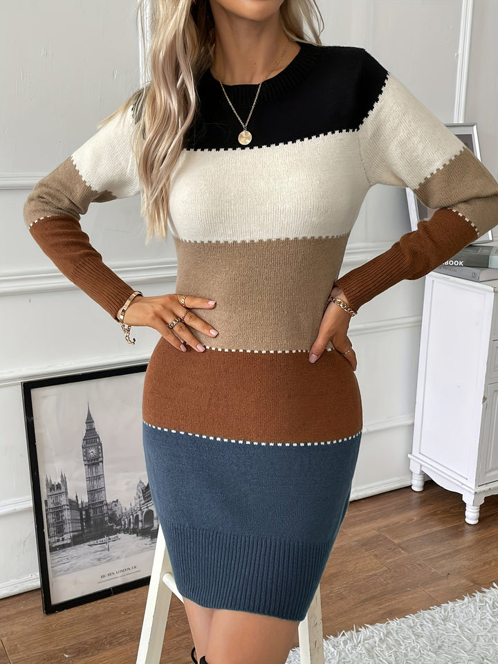 Women’s Jumper Dress with Round Neck and Horizontal Contrast Panels