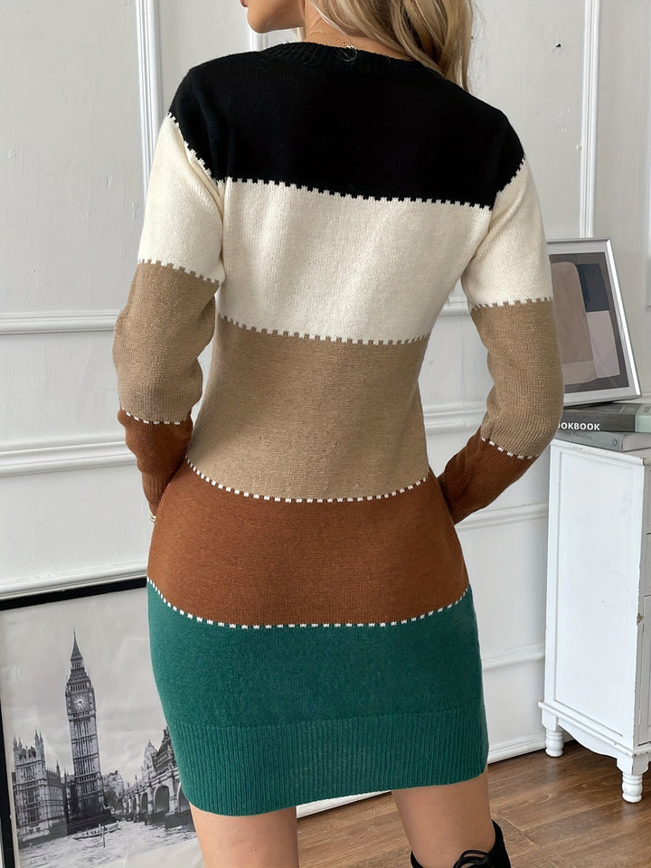 Women’s Jumper Dress with Round Neck and Horizontal Contrast Panels
