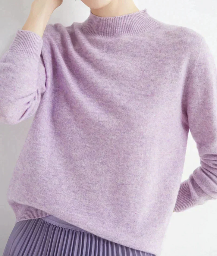 Front view showing mock neckline and ribbed cuffs, helllila