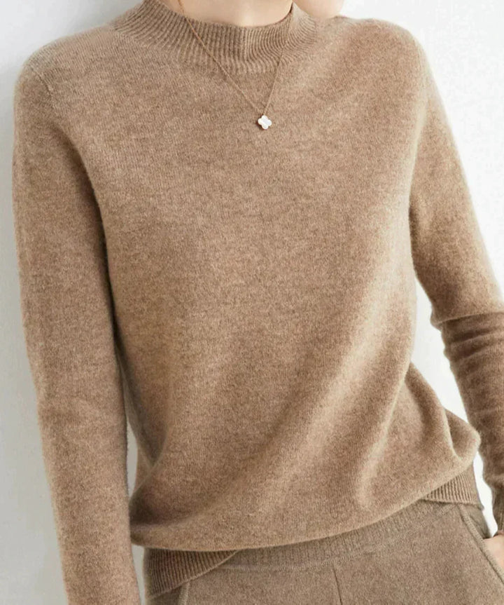 Front view showing mock neckline and ribbed hem, brown