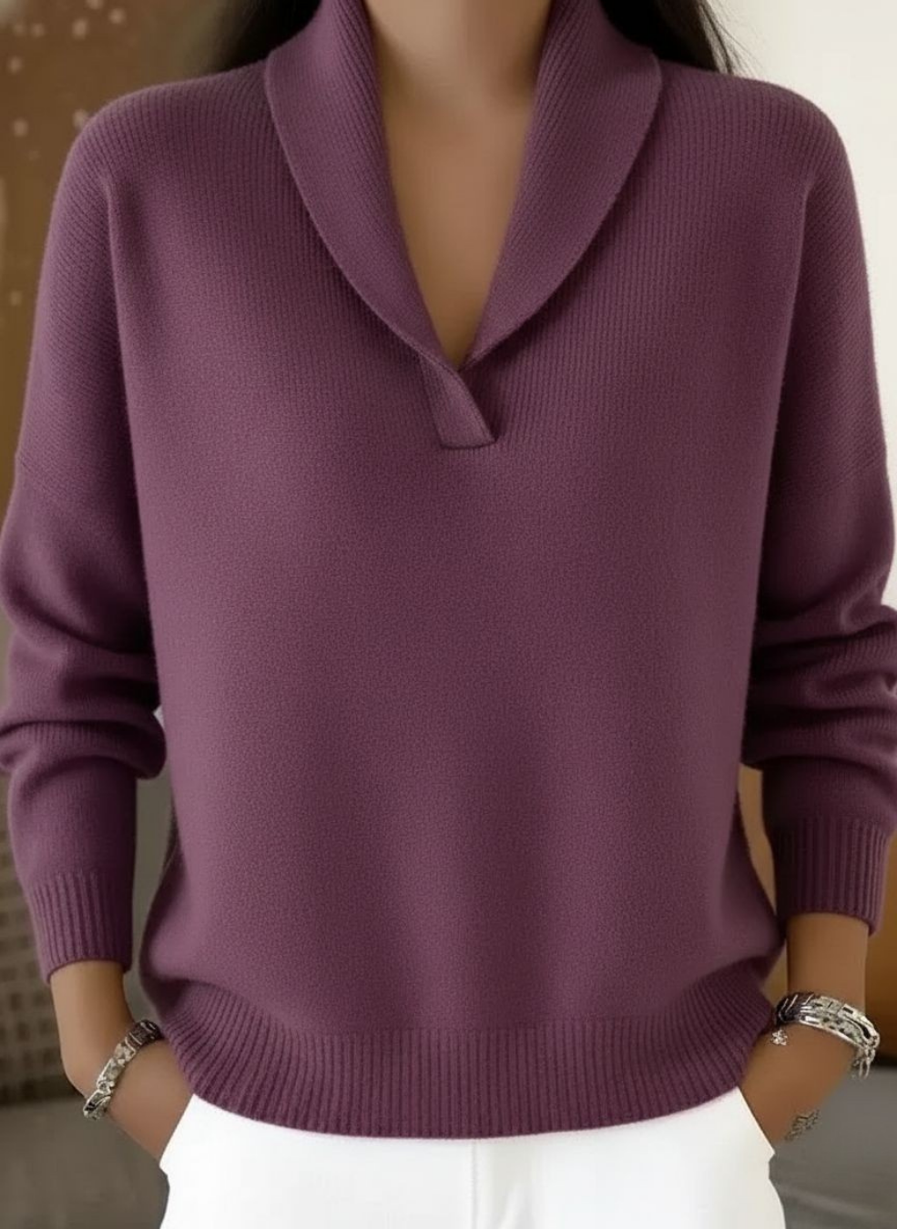 Women’s Jumper with Shawl Neckline and Ribbed Trim