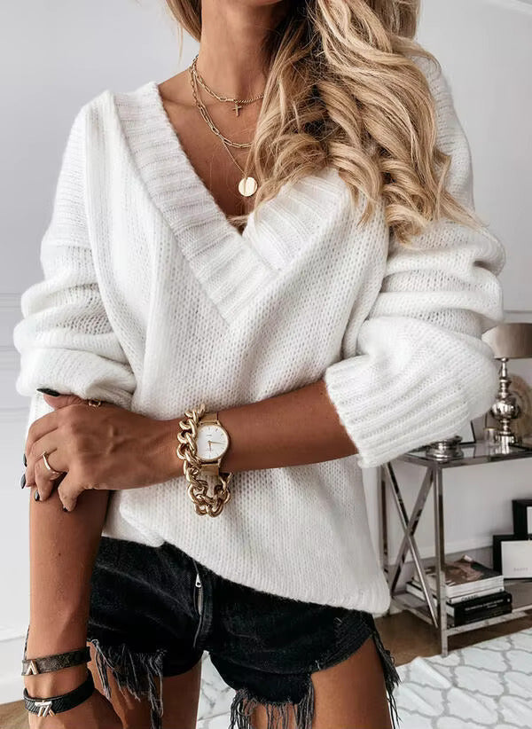 Women’s Jumper with Wide V-Neck and Ribbed Cuffs