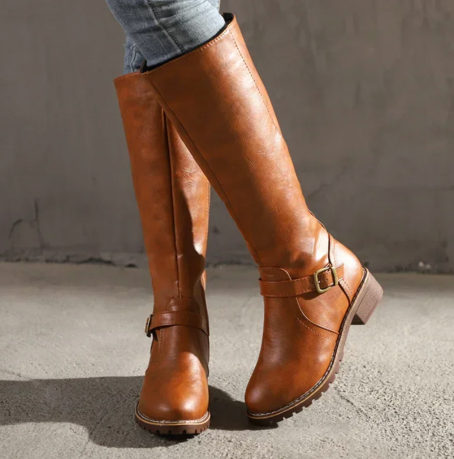 Women’s Knee-High Boots with Buckle Strap and Low Block Heel