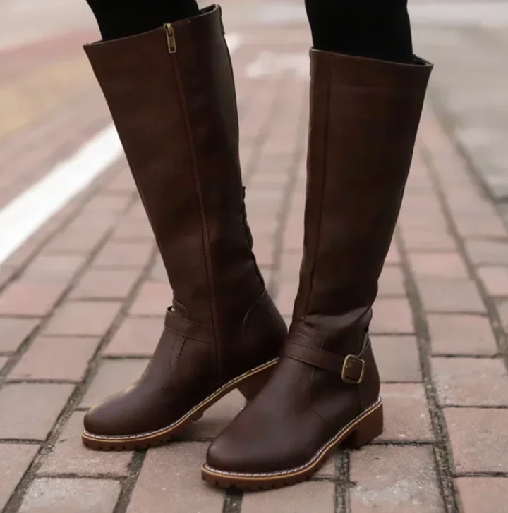 Women’s Knee-High Boots with Buckle Strap and Low Block Heel