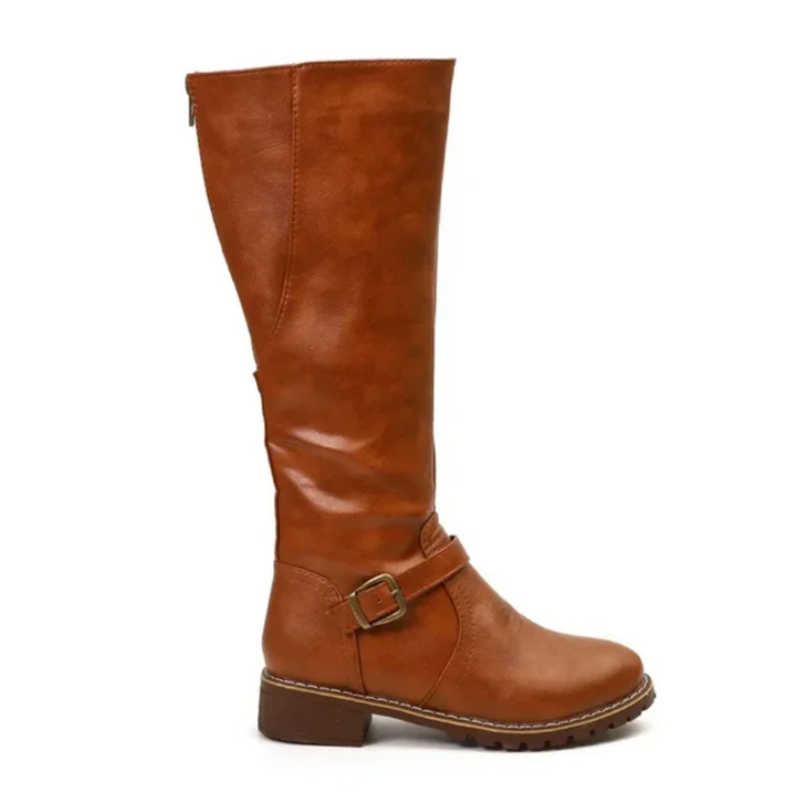 Women’s Knee-High Boots with Buckle Strap and Low Block Heel