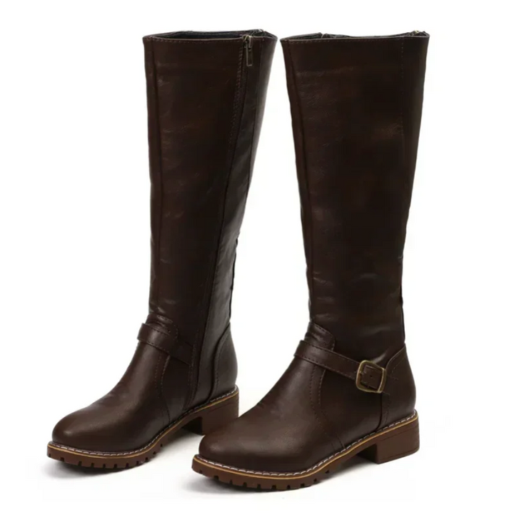Women’s Knee-High Boots with Buckle Strap and Low Block Heel