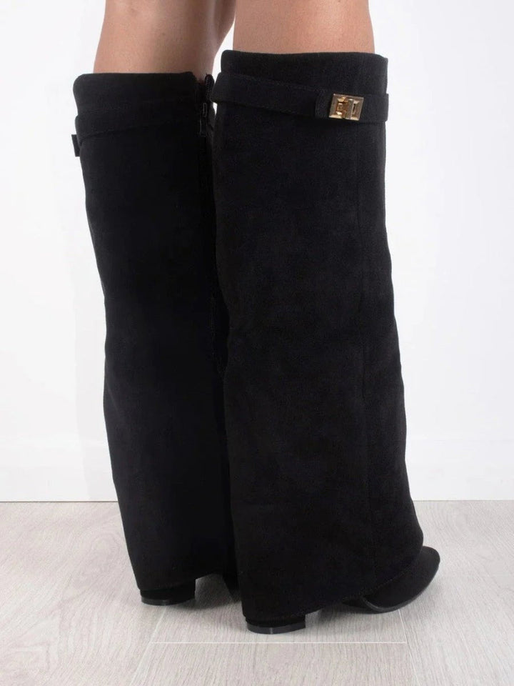 Back view showing shaft backs, side zip and block heels