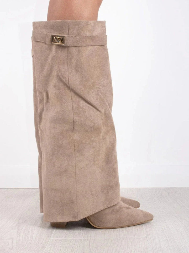 Side view showing fold-over shaft, strap and turn-lock hardware, beige