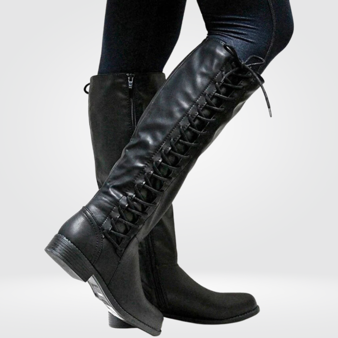 Women’s Knee-High Boots with Lace-Up Detail and Side Zipper