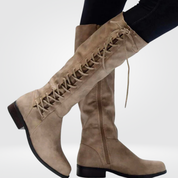 Women’s Knee-High Boots with Lace-Up Detail and Side Zipper