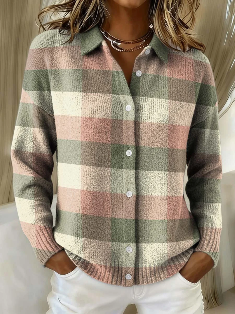 Front view showing shirt collar, button placket and long sleeves, multicolor