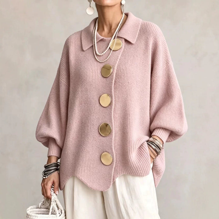 Front view showing shirt collar, button placket and curved hem, pink