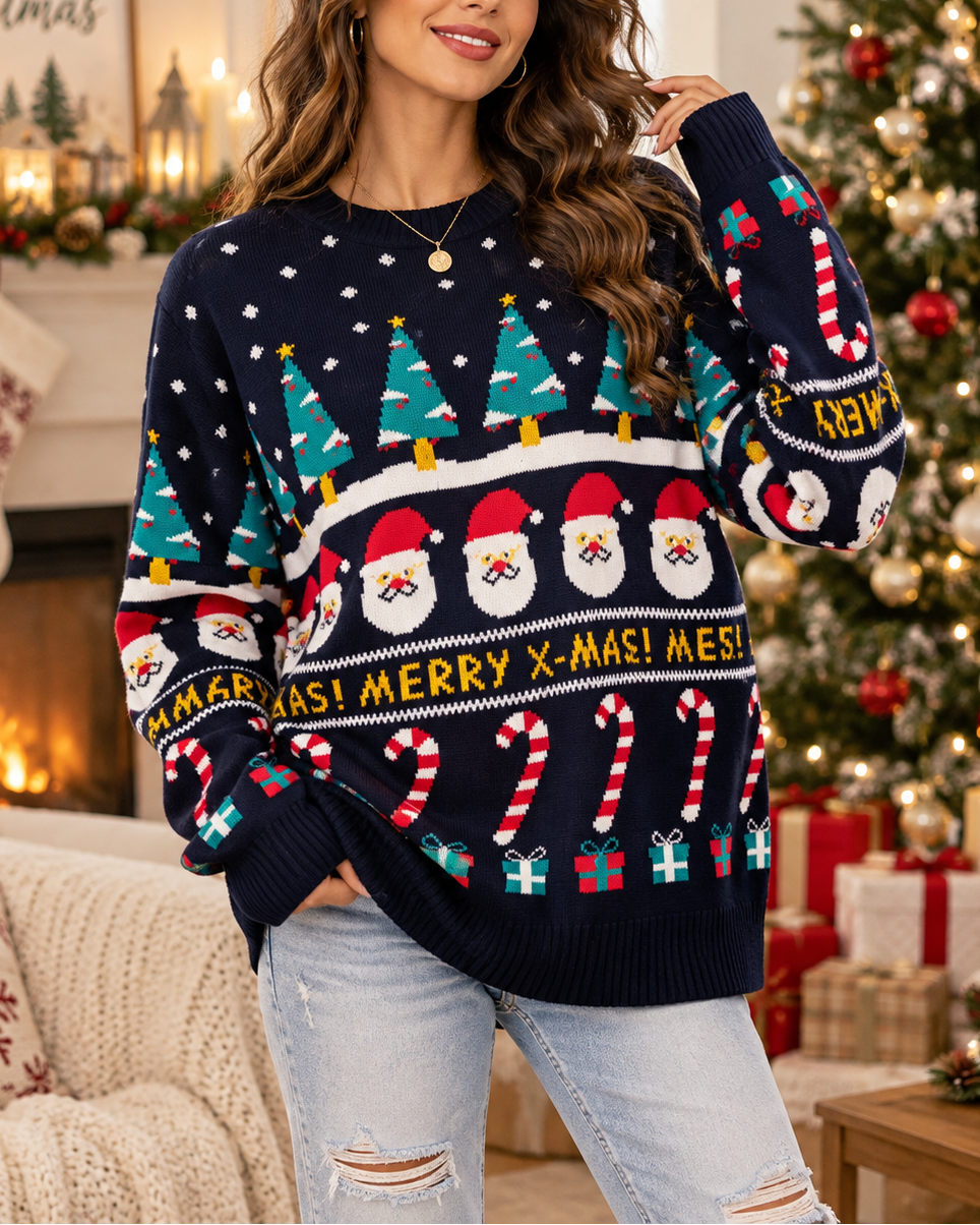 Front view of round neckline, long sleeves and printed body