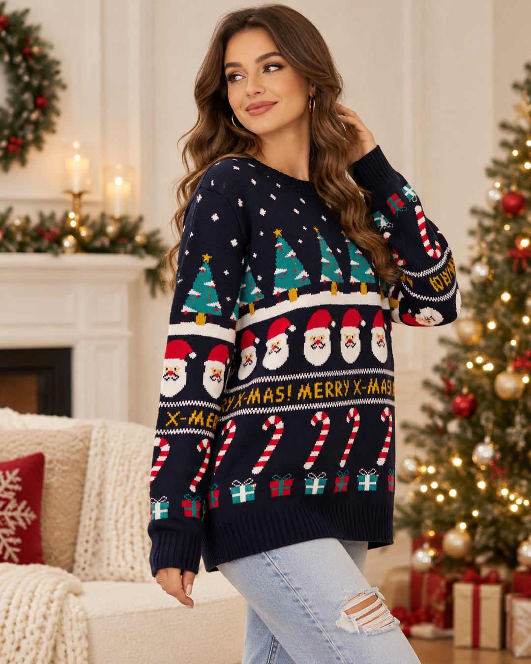 Side view of long sleeve and printed body